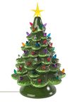 Classic Ceramic Christmas Tree – 15.5” Vintage Green Tree with Separate Base, Multi-Color Lights, Power Cord, Bulb and Star