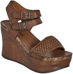 Pierre Dumas Hester-12 Women's Vegan Leather Double-Buckle Rounded-Toe Wedge Sandals, Whiskey, 10