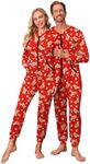 Ekouaer Christmas Matching Onesie for Couples Zipper One Piece Pajamas Adult Hooded Jumpsuit with Pockets Red Reindee S