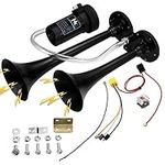 150db Super Loud Dual Trumpet Air Horn Kit with Compressor for Vehicles, Trucks, Trains, Boats - 12V, Black