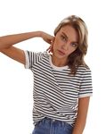 TOPLOT Stripe Printed Short Sleeve Regular Fit Top for Women (Top-5142-White-L)