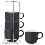 Hasense Coffee Mug Ceramic Set of 4 with Stand - 15 oz Stackable Large Porcelain Ribbed Latte Cup Set for Cappuccino, Tea, Hot Cocoa, Drinks - Dishwasher & Microwave Safe, Black