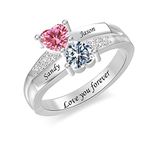 925 Sterling Silver Personalized Couple 2 Birthstones Rings Custom Heart Ring for Couple Free Engraving Promise Ring Engagement Ring for Women Valentines Day Gifts for Wife Girlfriend (Silver)