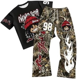 VIPWOLF Men's 2 Piece Outfits Short Sleeve Letter Graphic Tees and Drawstring Flared Sweatpants Tracksuits Set Black and Green Cool Small