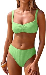 ANRABESS Womens Bikini Sets Two Piece Swimsuit Ribbed Front Ruched Mid Waisted Bathing Suit Color Block 2026 Beach Swimwear Green XL