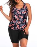 Daci Women Plus Size Tankini Swimsuit Two Piece Tummy Control Bathing Suit Athletic Racerback Swimwear with Boyshort, Black and Flower, 18 Plus
