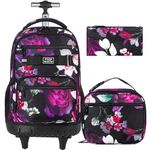 3PCS Rolling Backpack for Girls Women, Travel Roller Backpacks with Wheels for Adults, Teens College Rose Wheeled Bookbag with Lunch Box(Black)