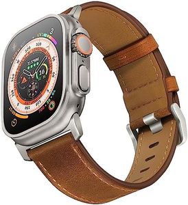 UUPWPOKT Compatible with Apple Watch Ultra 2 / Ultra Band 49mm 45mm 44mm 42mm Men Women, Top Grain Genuine Leather Band Strap for iWatch Ultra Series 9 8 7 6 5 4 3 2 1 SE, Retro Brown/Titanium