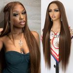 Maycaur 30 Inch Chocolate Brown Lace Front Wigs for Women Light Yaki Glueless HD Lace Wigs Synthetic Lace Front Wigs Natural Hairline Pre-Plucked Long Straight Wigs for Black Women