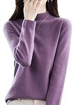 Youllyuu 100% Pure Merino Wool Mock Neck Pullover Cashmere Seamless Sweater Woman Knitted Jumper Tops Violet L