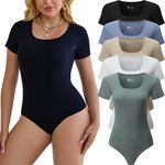 Chongbaijia 5 Pack Short Sleeve Bodysuits for Women Square Neck Casual Stretchy Basic Body Suits Tops T Shirts