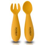 ZoZoBaa Silicone Spoon and Foork Set for Baby | 100% BPA Free First Stage Feeding Spoons for Infants, Soft-Tip Easy on Toddler's Gums, Durable & Unbreakable, Dishwasher Safe, 1 Pair, (Mango Yellow)