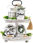 Houmury Set of 16 Farmhouse Tiered Tray Decor with 1 Lantern Artificial Plant& Cutting Board Gathered Sign for Rustic Home Kitchen (Tiered Not Included), Black, White