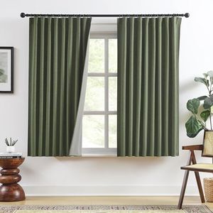 RAIN CITY Dark Olive Green Blackout Curtains Linen 63 Inches Long 2 Panels Set, Back Tab Pleated Look Thermal Insulated Curtains & Drapes for Living Room - Loden/Olive Forest W50 x L63