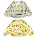 Little Dimsum Full Sleeved Feeding Bib 2 Pack,Baby & Toddler Waterproof Bib Apron,Food Protection Large Pocket Eating Smock 6-48 Months (Little Puppy/Little Cat)