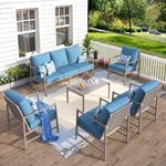 MFSTUDIO 6 Pieces Patio Furniture Set, All-Weather Metal Frame Outdoor Conversation Sets with Wicker Backrest, Rattan Armrest Patio Sectional Sofa Set with Coffee Table for Garden(Blue Cushion)