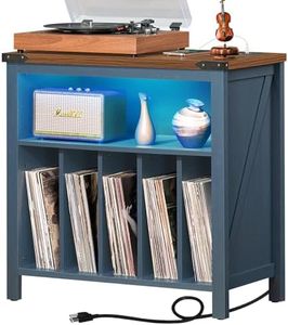 Joaxswe Large Record Player Table with Charging Station & LED Lights, Blue Vinyl Record Storage Cabinet Holds up to 230 Albums, Turntable Stand with Display Shelf for Music Room Bedroom Living Room