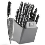 18 Pieces Damascus Kitchen Knife Set, 8 Piece Steak Knives, Non-slip ABS Ergonomic Triple Rivet Handle for Meat Fork, Knife Sharpener and Kitchen Shears, 17 Slots Fraxinus Manchuria Knife Block (Grey)