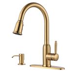 Gold Kitchen Faucet with Soap Dispenser, WOWOW Stainless Steel Kitchen Faucet for Sink 2 or 4 Hole, High Arc Vintage Kitchen Sink Faucet with Pull Down Sprayer