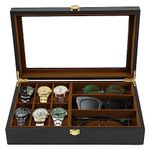 Watch Box,6 Watch 3 Slots Sunglasses Wooden Watch Organizer Box with Real Glass Top,Jewelry Storage Display Case for Men Father Husband Boy Friend (6+3 Slots)