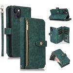 UEEBAI Case for iPhone 15 6.1 inch, 9 Card Slots Retro Leather Wallet Shockproof Flip Cover with Hand Strap Card Slots Zipper Pocket Kickstand Handbag Magnetic Closure - Retro Green