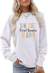 MEKOTSK Drink Coffee Read Books Be Happy Sweatshirt Women Funny Graphic Shirts Long Sleeve Crew Neck Fall Pullover Tops, White, Medium