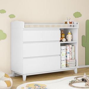 iPormis Baby Dresser with Changing Table Top, 4 Drawers & 2 Open Shelves, Multi-Functional Nursery Changing Station with Storage, Pearl White