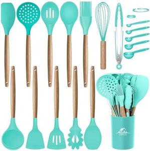 MIBOTE 17 Pcs Silicone Cooking Kitchen Utensils Set with Holder, Wooden Handles Cooking Tool BPA Free Turner Tongs Spatula Spoon Kitchen Gadgets Set for Nonstick Cookware (Teal)