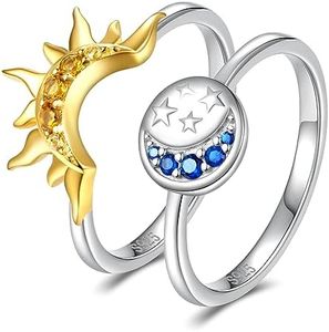 oGoodsunj Sterling Silver Sun Moon Matching Rings Set Stackable Friendship Promise Ring Size 6 7 8 9 Jewelry Gifts for Women Girls Couples, Silver, Cubic Zirconia