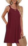 MISFAY Women's Beach Cover Up Tank Dress Casual Vacation Short Summer Halter Dresses with Pockets,Wine Red,L