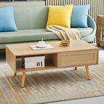 Ganooly Mid Century Modern Coffee Table With Storage, 41.3 Inch Rectangle Wooden Accent Center Sofa Table With Sliding Pe Rattan Woven Door Panel&Solid Wood Legs, Suitable For Living Room, Apartment