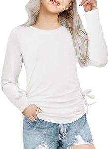 Arshiner Girls Shirts Long Sleeve Ruched Knot Side Girls Long Sleeve Tops Casual Kids Tee Shirts White Tops for Girls 9-10 Years