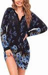 Ekouaer Night Gown for Women Long Sleeve Nightgown Button Down Nightshirt Winter Sleepdress with Pockets Blue Floral Large