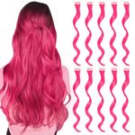 BUMMSEVEN 10 PCS Colored Hot Pink Hair Extensions，Curly Wavy Synthetic Hairpieces Clip in Rainbow Neon Party Highlights，Colorful Hair Accessories Clips Ins for Women 16 Inch