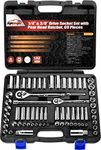 EPAuto 1/4-Inch & 3/8-Inch Drive Socket Set with Pear Head Ratchet Mechanic Tools, Chrome, 69 Pieces