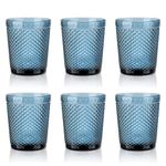 Joeyan Drinking Glasses Set of 6, 300ml Embossed Colored Glass Cups Water Glasses Tumbler with Diamond Design Vintage Glassware Set for Juice Beverages Cocktail Beer Tea Gift, Blue