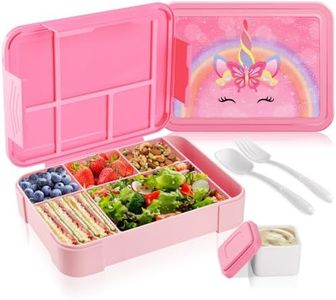 Lunch Box Kids, Cute 1330ml Bento Lunch Box with 5 Compartments, Leakproof Bento Boxes with Sauce Box&Cutlery for Girls, BPA Free Snack Box Toddler Lunchbox for Kids Preschool/Kindergarten/Nursey