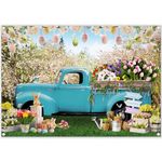 ZTHMOE 7x5ft Fabric Spring Easter Photography Backdrop Blue Truck Colorful Eggs Flowers Rabbit Background Tulip Floral Forest Photo Tapestry Booth Props