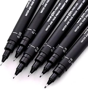 Uni Ball - Uni Pin Fineliner Technical Drawing Pen - Black Ink - 0.05mm to 0.8mm - Set of 6