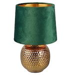 Gold Ceramic Vintage Hammered Globe Table Desk Lamp with Green Velvet Shade | 26cm Height | 1 x SES E14 Lamp Bulb Required | UK Approved | Retro Design | Tapered Drum Lampshade