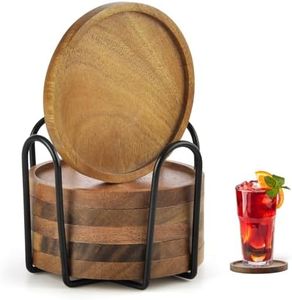 Posavasos de Madera Redonda para Vasos, Juego de 6 Posavasos de Madera de Acacia con Soporte, Posavasos de Cristal para Bebidas Bar Tazas Cristal protección de Mesa para Cualquier Tipo de Mesa
