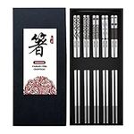 Bosdontek Metal Chopsticks Reusable 5 Pairs Stainless Steel Chopsticks Dishwasher Safe with Engraving Pattern Japanese Chop Sticks Easy Clean Chopsticks Gift Set (Silver) (A Pattern)