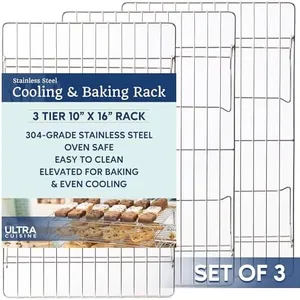 Ultra Cuisine Heavy Duty 3 Tiers, 16" x 10" Cooling Rack for Cooking and Baking - Professional Grade Premium 100% Stainless Steel Baking Rack & Wire Cooling Mesh - Dishwasher Safe - Pack 3