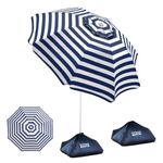 OutdoorMaster Beach Umbrellas for Sand with Sandbag & Anchor, 7.2ft Adjustable Umbrella for Beach Heavy Duty Wind, Portable UPF50+ Sunshade with Carry Bag for Patio, Navy Striped