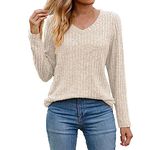 AMhomely Ladies Tops Sale Clearance Womens Casual Fall Sweater Long Sleeve Sweatshirts Tops Ribbed Knit Jumpers Loose V-Neck Baggy Slouchy Pullover Sweaters Basic Underwear, XXL, 01* Beige