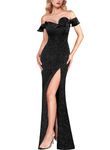 VFSHOW Womens Formal Prom Ruffle Off The Shoulder 3D Flower High Slit Maxi Dress Evening Gown, Sparkly Black, Large