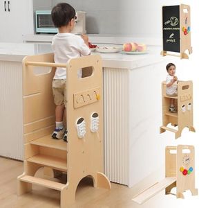 Olvy Kids 4-in-1 Montessori Lernturm - Learning Tower - Trittleiter Holz - Kindertritt 4 Stufen - Küchenturm Kinder - Steh Lernturm ab 1 Jahr - Kindertreppe Faltbar
