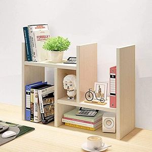 Jaycomey Desktop Organizer Office Storage Rack Adjustable Wood Display Shelf Counter Top Bookcase Beige