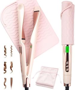 ANGENIL Pro Twist Flat Iron 1 Inch, Round Pink Dual Voltage Hair Straightener and Curler 2 in 1, Tourmaline Ceramic Ionic Hair Curler with Anti-Scalding Silicone Mat Pad, 30s Fast Heating, LCD Display