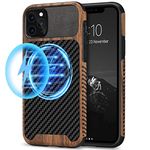 TENDLIN Magnetic Case Compatible with iPhone 11 Pro Max Case Wood Grain with Carbon Fiber Texture Design Leather Hybrid Slim Case (Compatible with MagSafe) Black